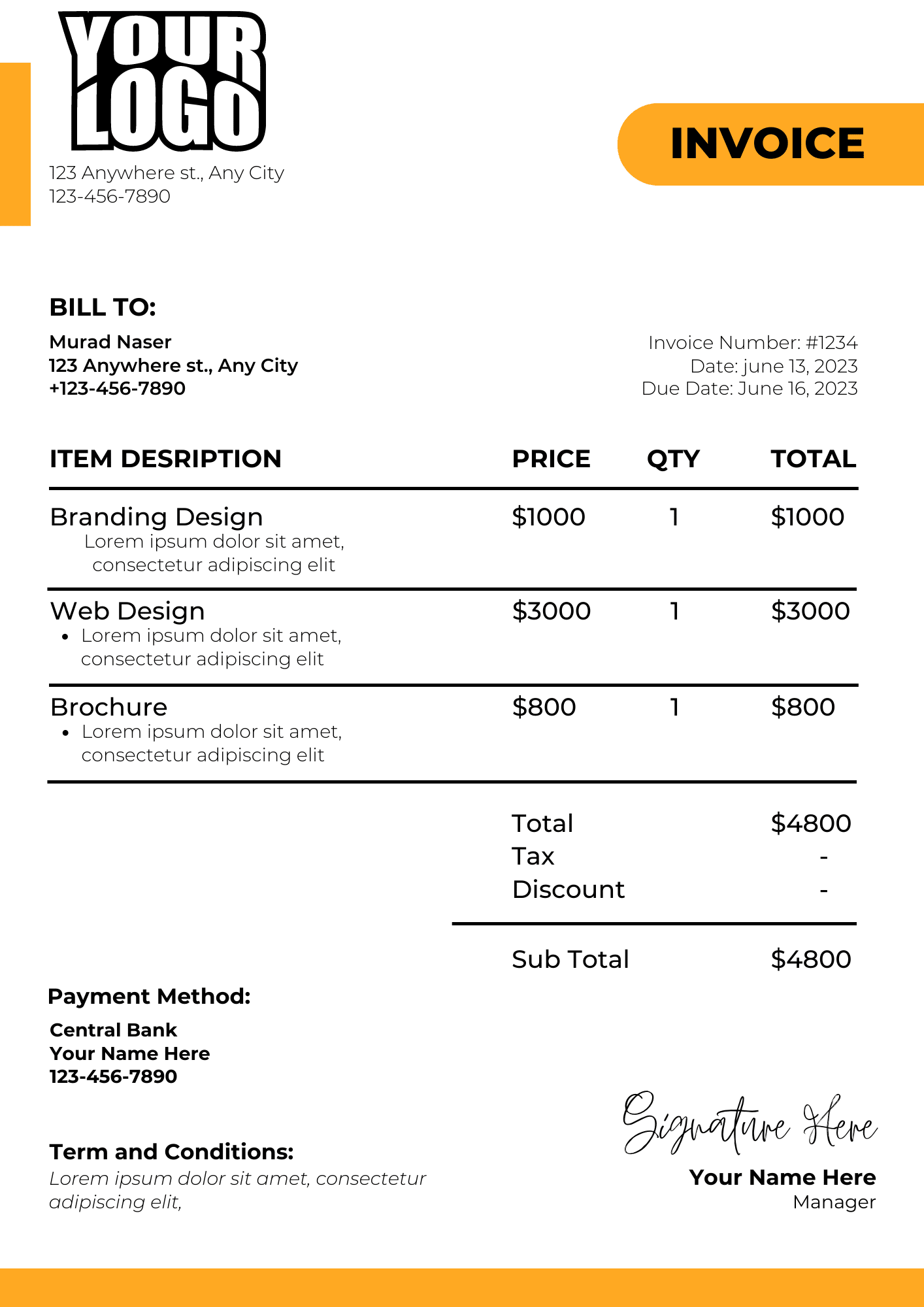 Navy and Yellow Modern Minimalist Invoice